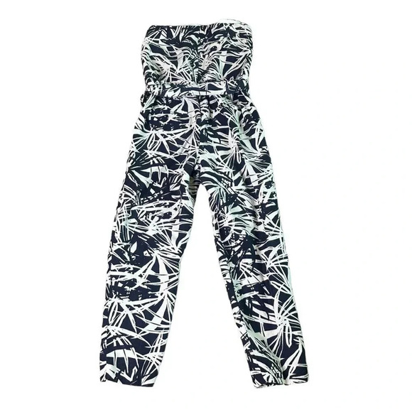 Ann Taylor Loft Navy White Tropical Print Jumpsuit Linen Strapless Size 2 Womens - Picture 7 of 13